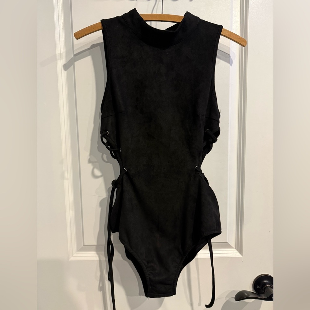 iHeartRaves Black Suede-like side scoop with ties Bodysuit